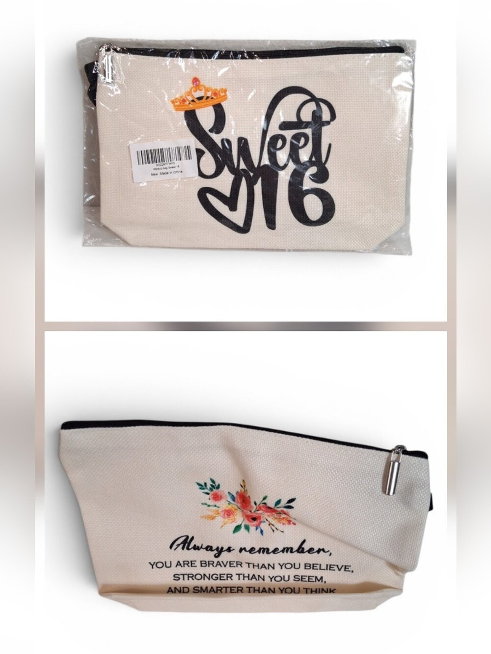 NWT Sweet "16" Canvas Makeup Bag | Cosmetic Pouch Wristlet